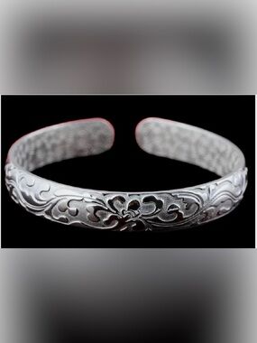 925 Sterling Silver Floral Engraved Cuff Bangle Bracelet | Adjustable Open Brace